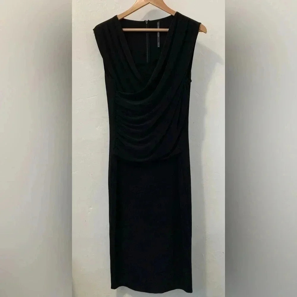 Karen Millen Women’s Midi Black Dress Front Ruched Cocktail Dress SZ 10 V neck‎